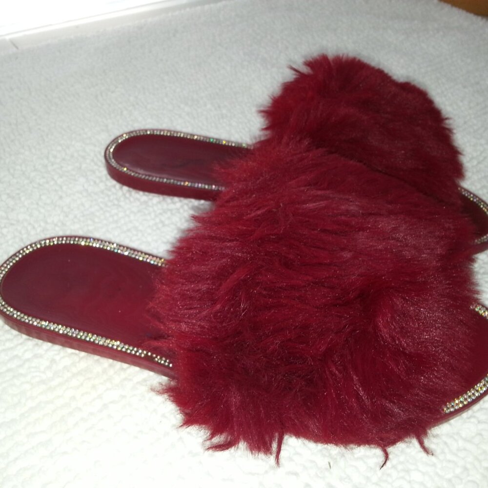 Red Furry Girls Slides Sandals Worn